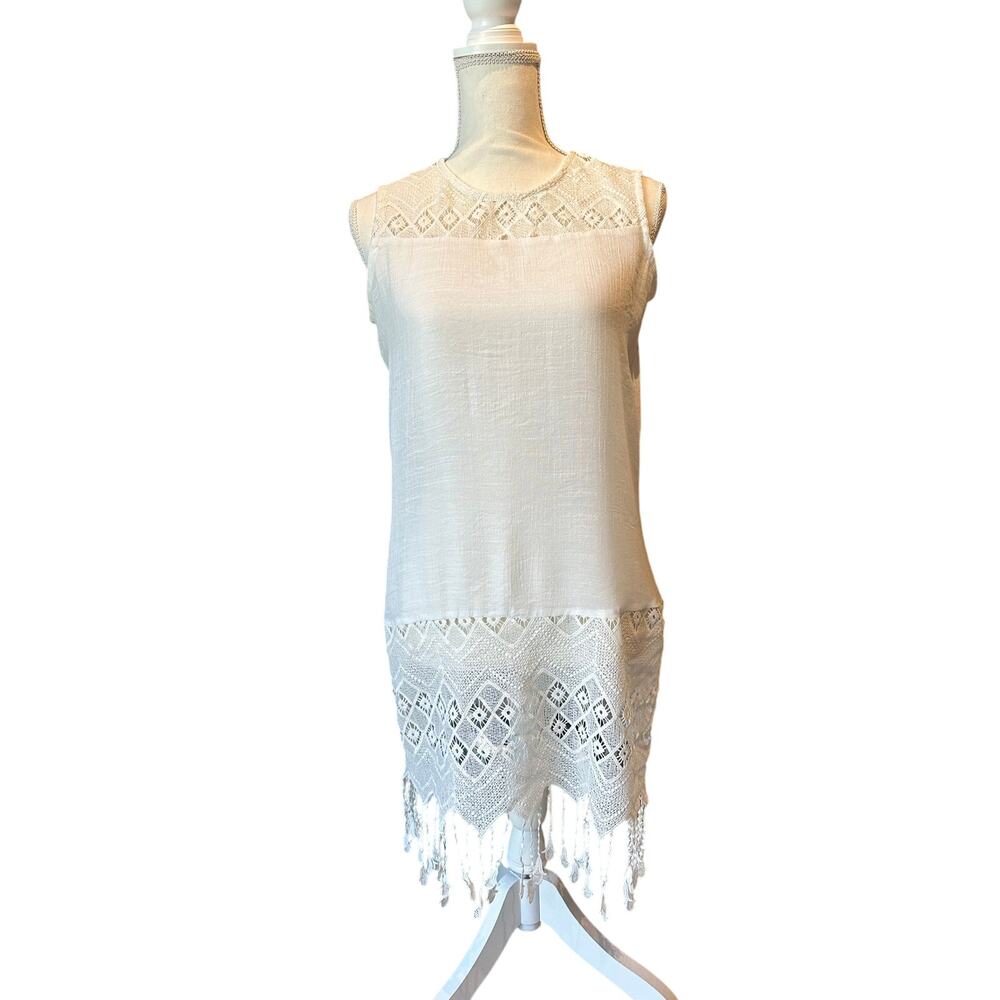 Indigo Soul Size Small Boho Fairy Fringe Embroidered White Crochet trim tunic